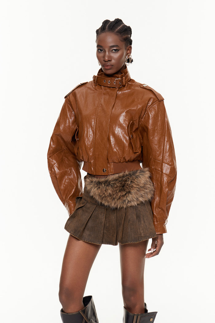Eguzki Funnel Neck Crop Leather Jacket