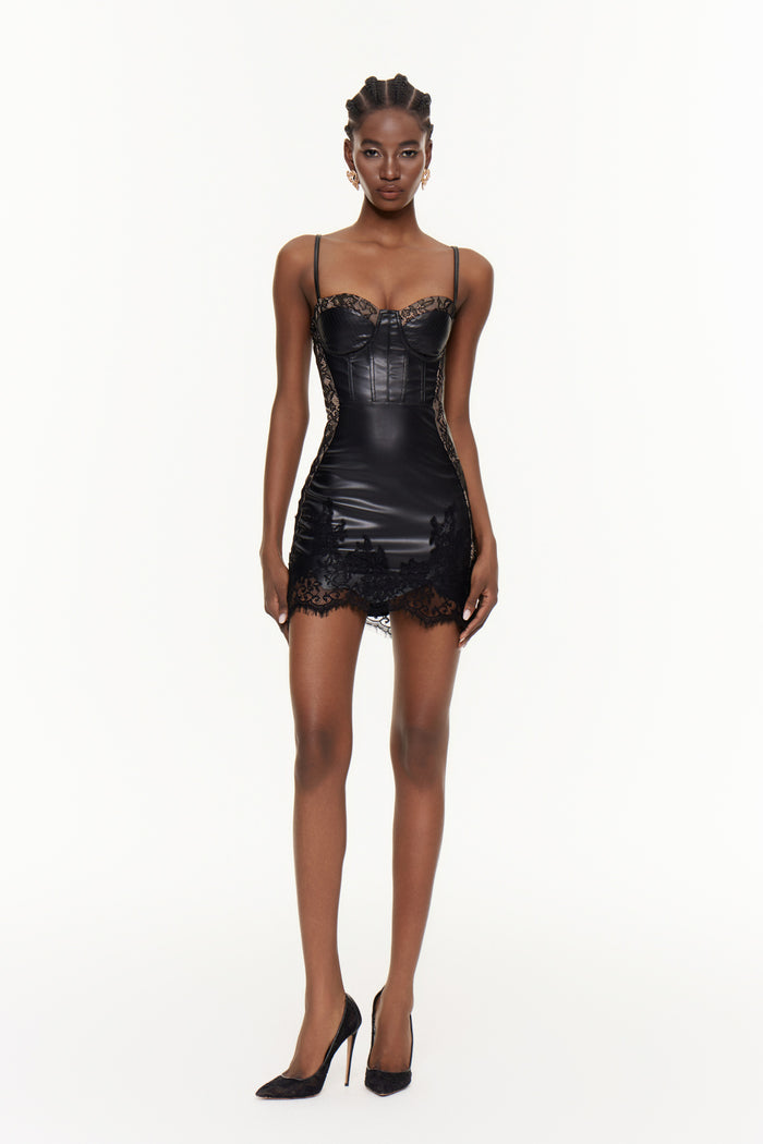 Eileithyia Lace Corset Leather Mini Dress