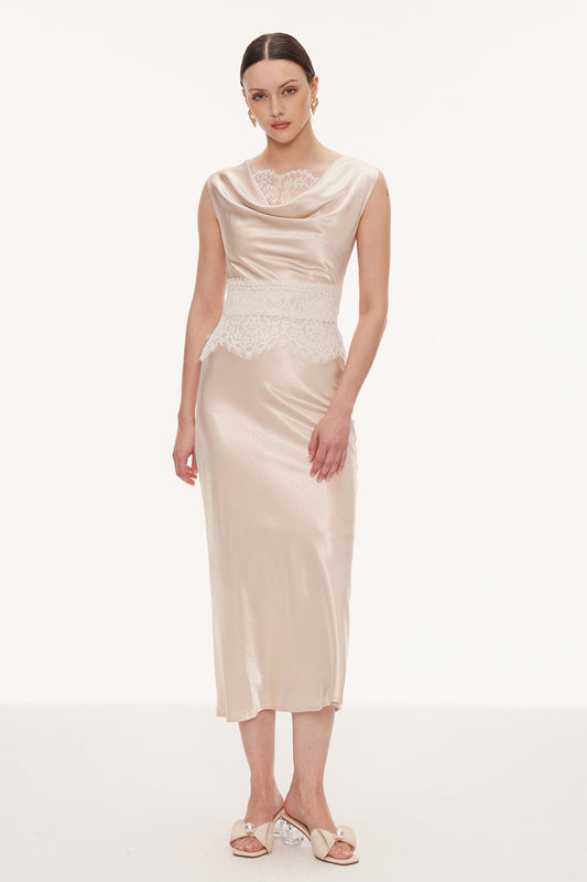 Einion Cowl Neck Lace Satin Skirt Set