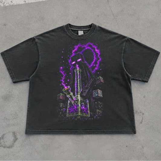 Washed black oversized tee with purple pixel graphic front print