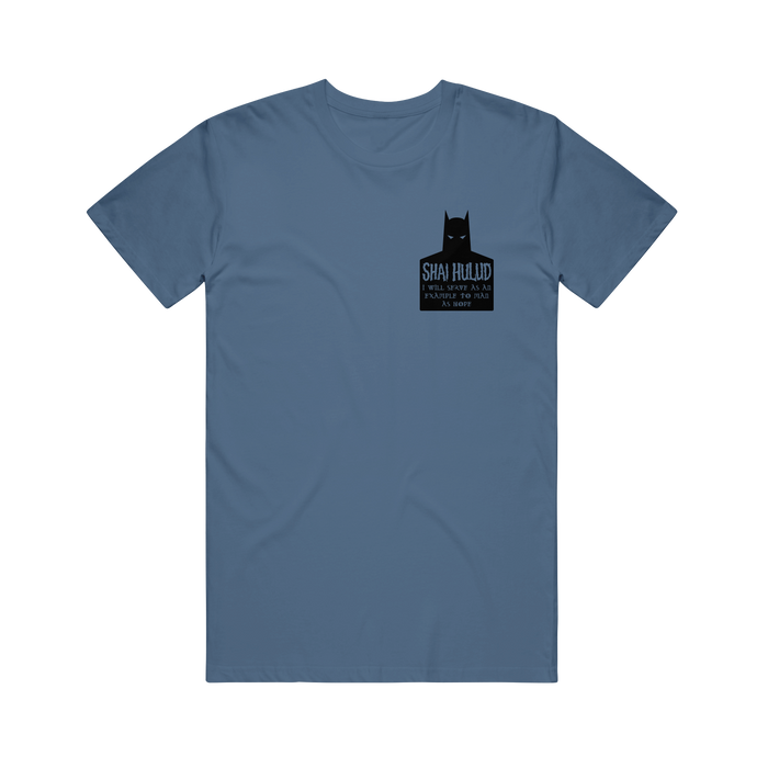 Blue Shai Hulud Comfort Colors t-shirt with a small black bat-like graphic and SHAI HULUD, A PROFOUND HATRED OF MAN, EST. 1995 on the left chest. Displayed on a plain black background.