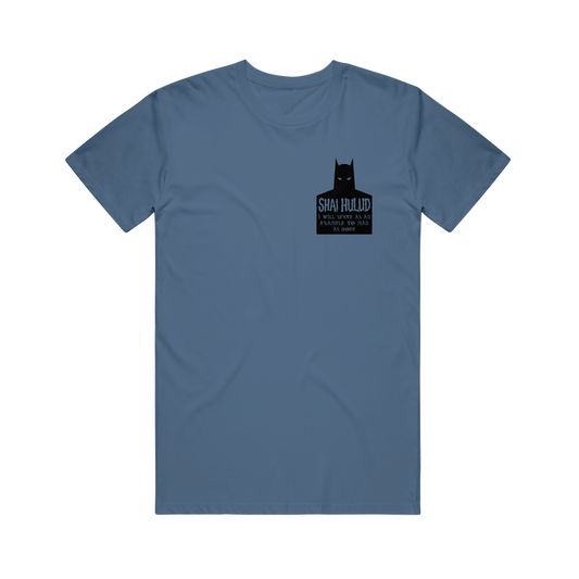 Blue Shai Hulud Comfort Colors t-shirt with a small black bat-like graphic and SHAI HULUD, A PROFOUND HATRED OF MAN, EST. 1995 on the left chest. Displayed on a plain black background.