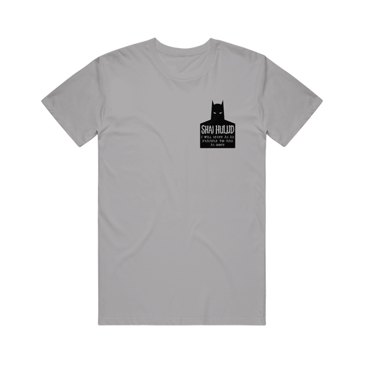 This light gray Shai Hulud shirt features a black sandworm with cat-like ears and bold “SHAI HULUD If I want to be a sandworm, Ill be a sandworm” text printed on the upper left chest.