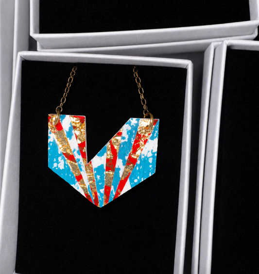 Ezrine batik textile necklace in Blue, Red & White
