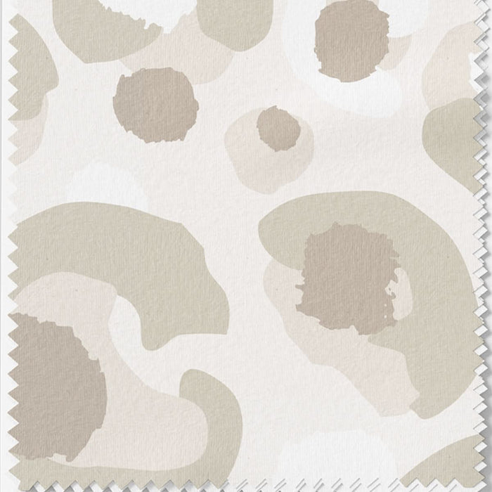 The product, "Fabric by the Yard - Neutral Cheetah," is a cotton linen blend swatch featuring an abstract, geometric cheetah print with irregular shapes in various shades of beige and taupe on a white background. It is upholstery weight and has zigzag edges.