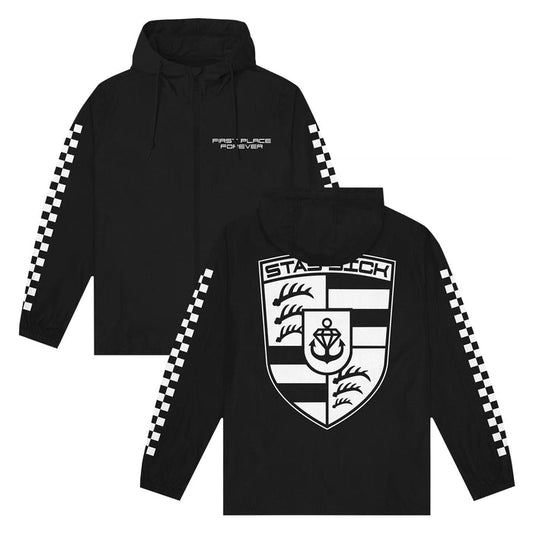 Stay Sick Clothing black pullover windbreaker features white checkerboard sleeve stripes, FIRST PLACE FOREVER on the chest, and a large stylized STADTBECH crest on the back.