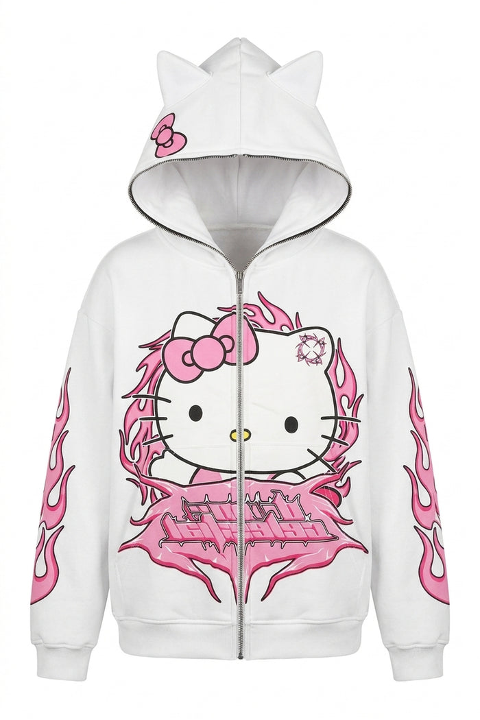 Y2K Flame Kitty Ear Full-Zip Hoodie - front