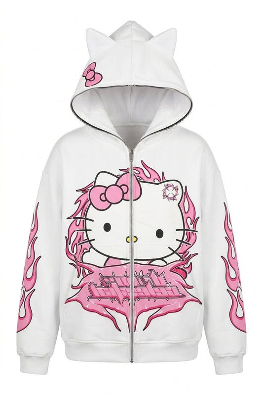 Y2K Flame Kitty Ear Full-Zip Hoodie - front