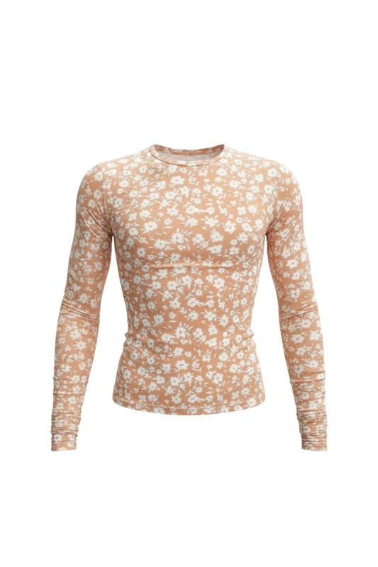 MANCANDY Floral Second Skin Top featuring a nude-toned floral print, fitted silhouette, long sleeves and soft stretch jersey construction.