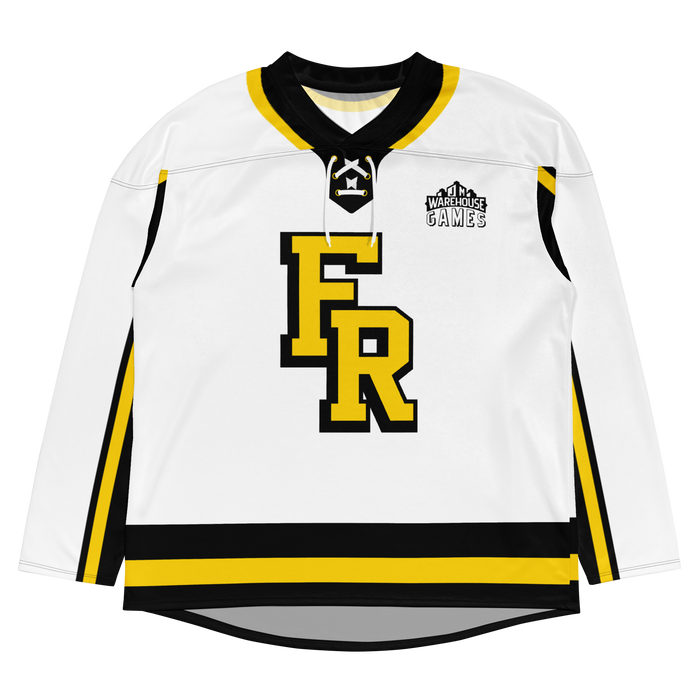 White floorball jersey featuring black and yellow accents, with "FR" logo and "Warehouse Games" emblem on the chest.