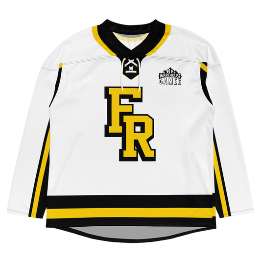 White floorball jersey featuring black and yellow accents, with "FR" logo and "Warehouse Games" emblem on the chest.