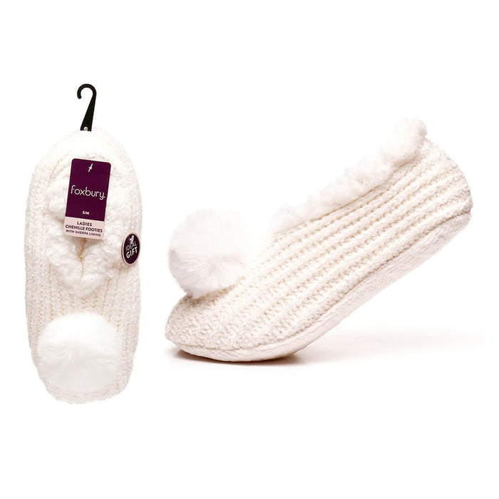 cream chenille footies with fluffy pom pom and sherpa fleece lining
