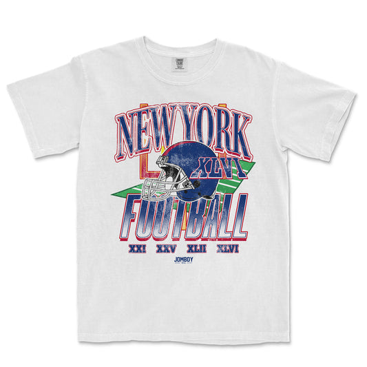 White vintage Comfort Colors® t-shirt featuring a colorful graphic design of a football helmet, "New York Football" text, and Roman numerals.