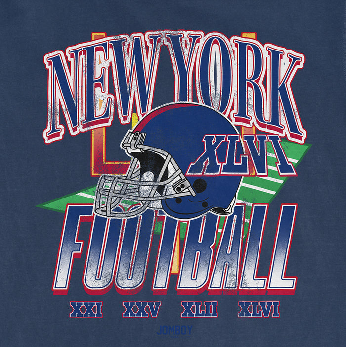 Vintage Comfort Colors T-shirt featuring a distressed New York Giants football helmet, bold "NEW YORK FOOTBALL" text, and Roman numerals.