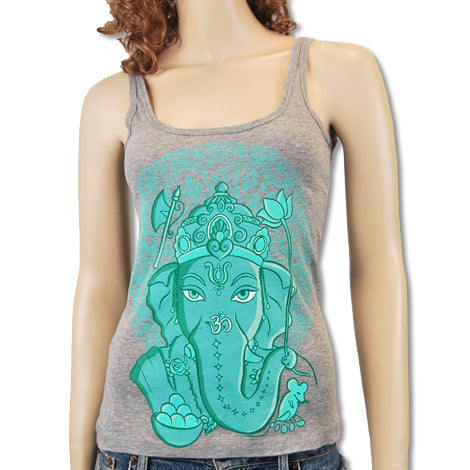 A mannequin wears a Mantralogy grey tank top with a teal graphic of the Hindu deity Ganesha, adorned with intricate patterns and symbols.