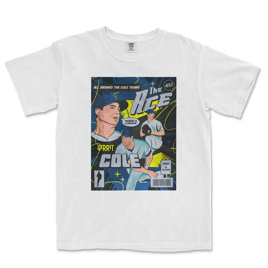 White Comfort Colors T-shirt featuring a colorful comic-style design of Gerrit Cole as "The Ace" with vintage baseball and comic elements.