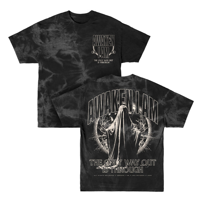 Awaken I Am black tie-dye t-shirt with AWAKEN I AM and THE ONLY WAY OUT IS THROUGH text on front and back. Features a hooded, cloaked figure amid thorny branches and dramatic lighting on the back.