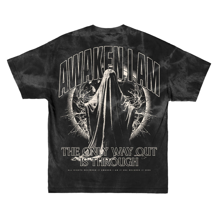 The Awaken I Am black t-shirt displays a hooded, robed figure with outstretched arms before a cracked moon. AWAKEN I AM appears above, and THE ONLY WAY OUT IS THROUGH is printed below in large text.