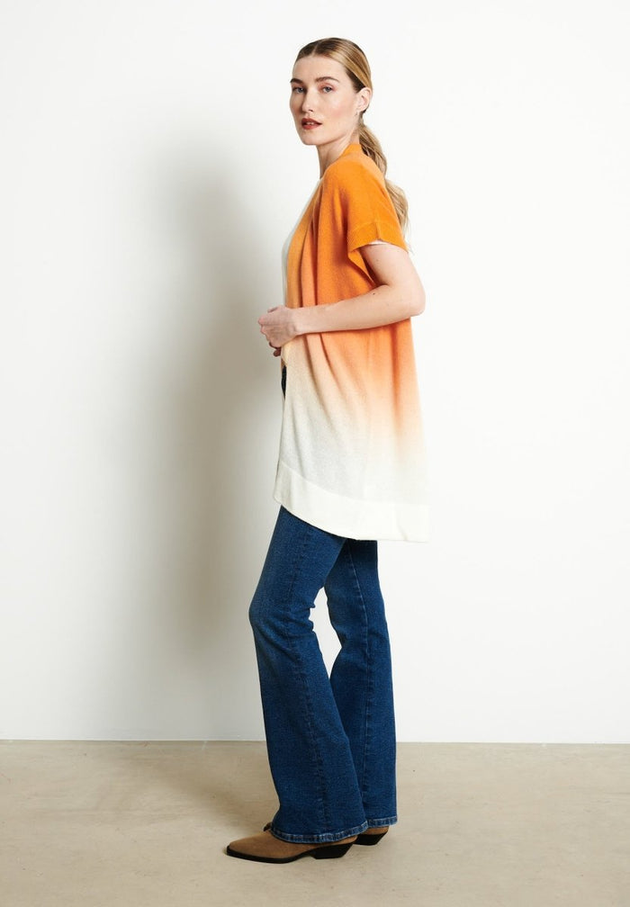 AVA 11 Kimono en cachemire tie & dye blanc écru imprimé orange
