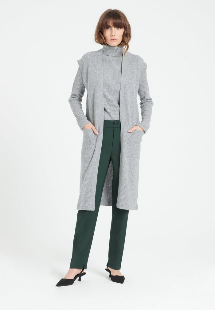 MIA 6 Long cardigan sans manches en cachemire à mailles côtelées gris clair