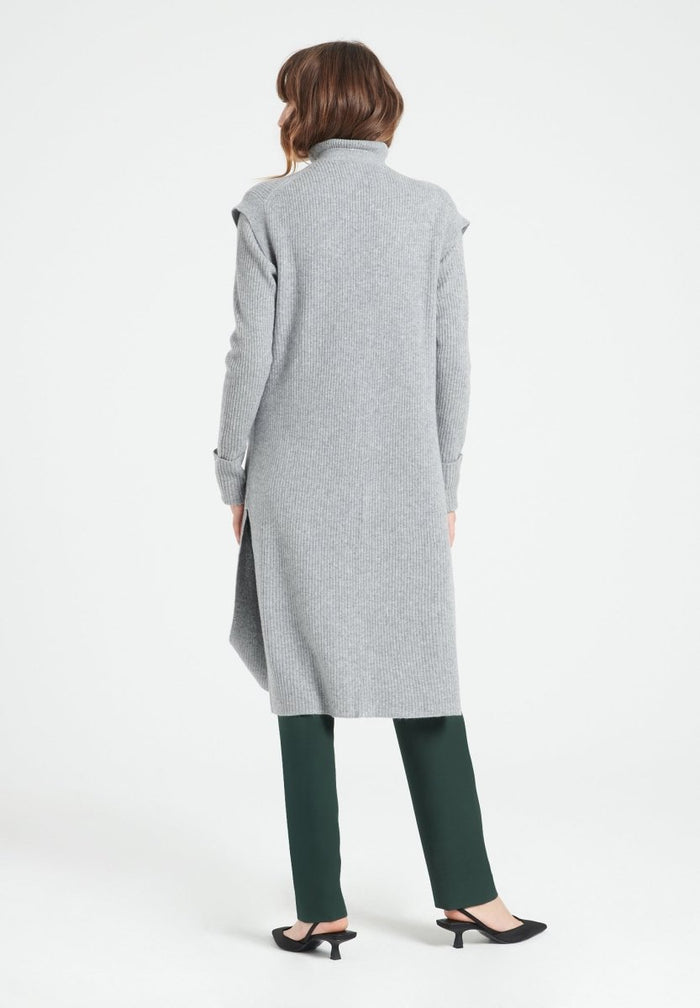 MIA 6 Long cardigan sans manches en cachemire à mailles côtelées gris clair