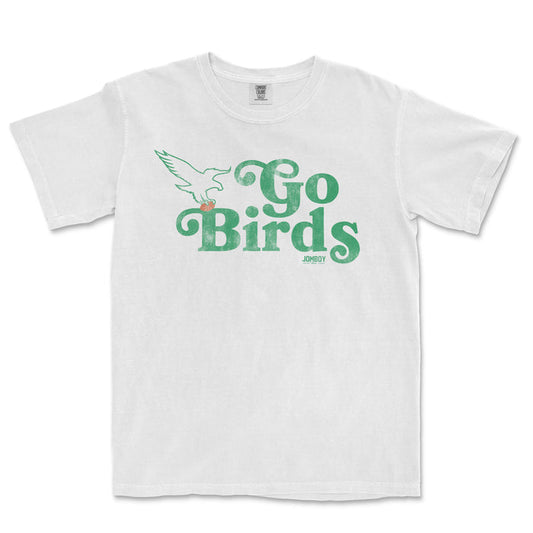 White vintage Comfort Colors® t-shirt featuring a green "Go Birds" slogan, a flying bird graphic, and small "Jomboy" text.
