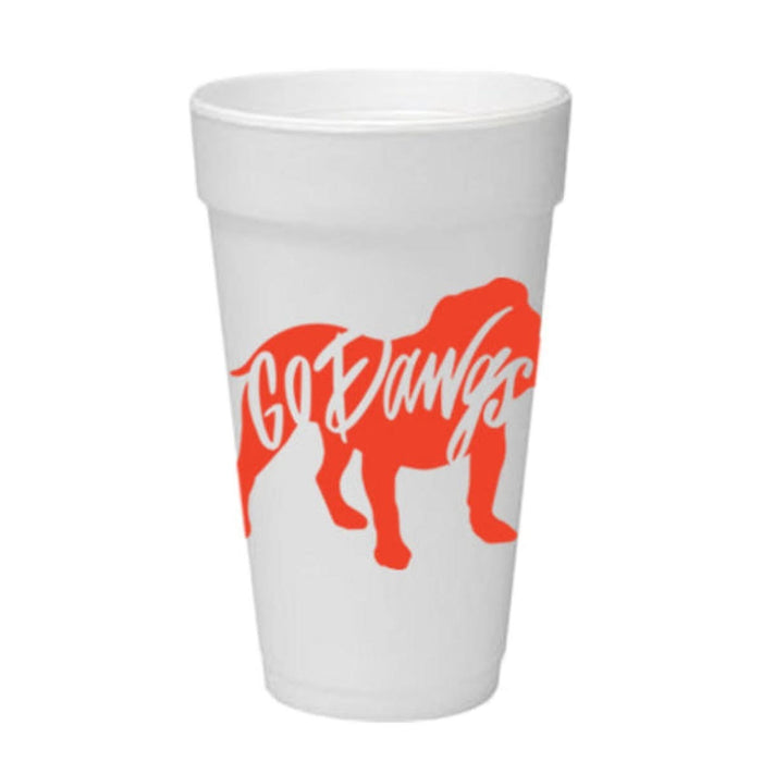 The Go Dawgs Foam Cups feature a white foam design with a red silhouette of a dog and are perfect for tailgate parties.