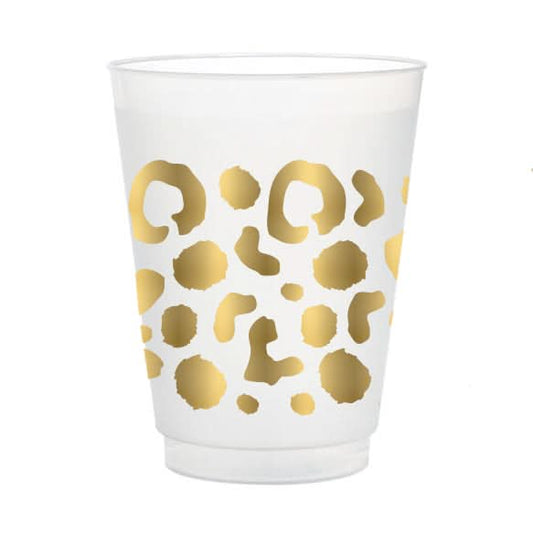 A frosted cup featuring a striking gold spot cheetah pattern.