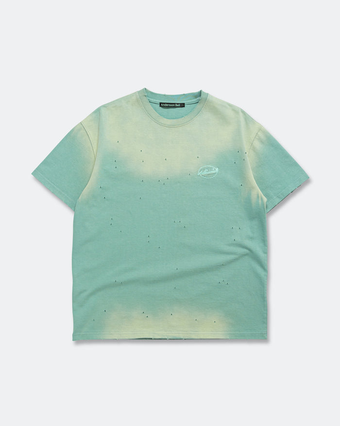Gradient Damage Washed T-Shirt - Green/Sky Blue