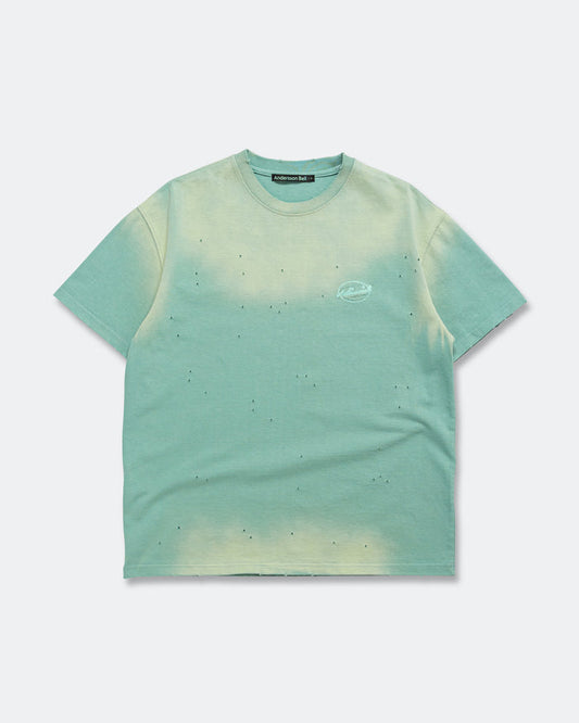 Gradient Damage Washed T-Shirt - Green/Sky Blue