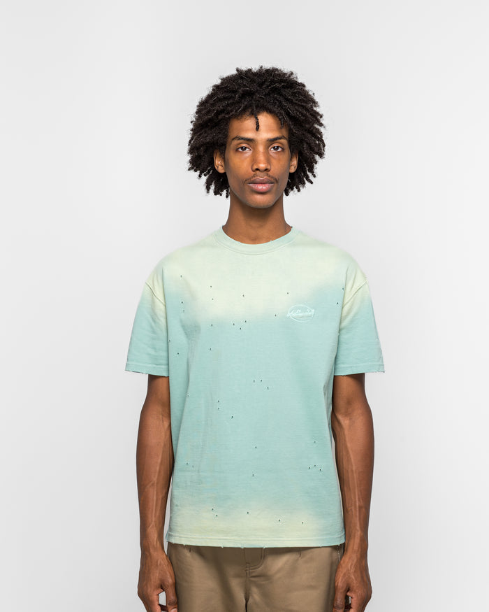 Gradient Damage Washed T-Shirt - Green/Sky Blue