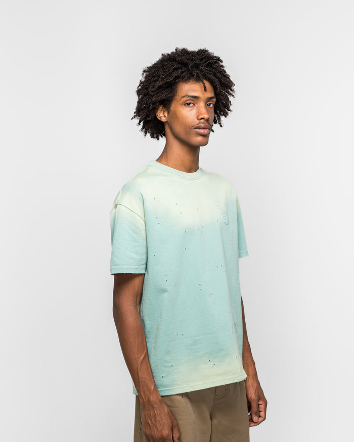 Gradient Damage Washed T-Shirt - Green/Sky Blue