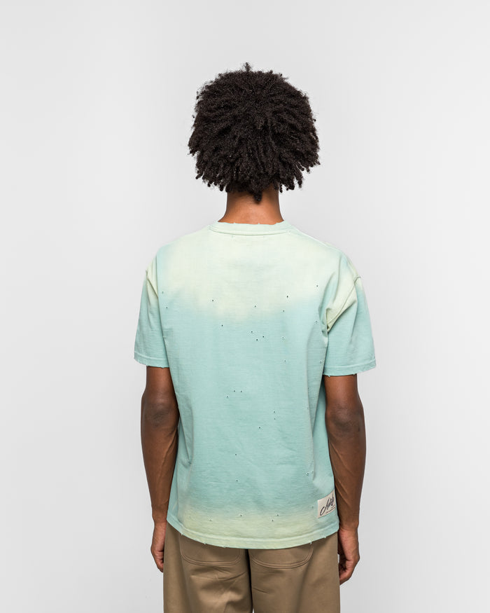 Gradient Damage Washed T-Shirt - Green/Sky Blue