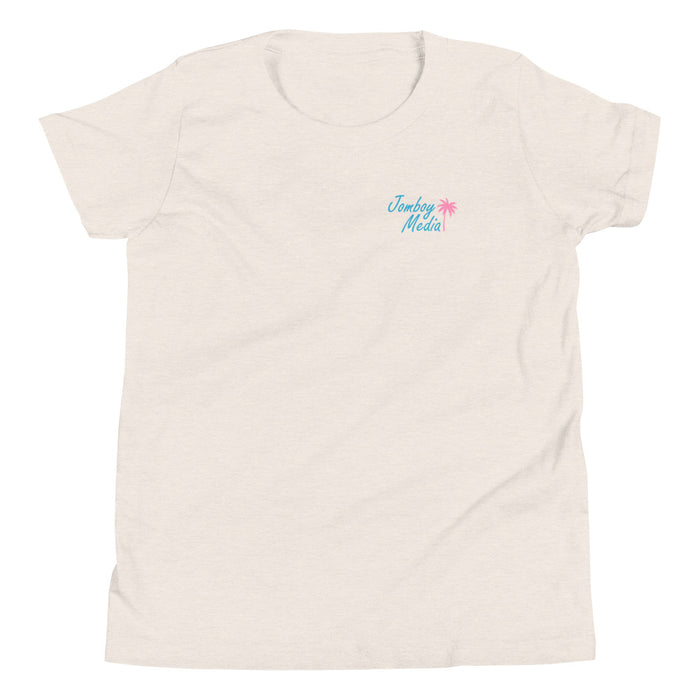 White youth T-shirt with a small "Jomboy Media" logo featuring blue text and a pink palm tree on the upper left chest.