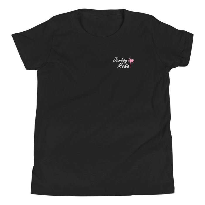 Black youth T-shirt with "Jomboy Media" text and a pink palm tree graphic on the upper left chest area.