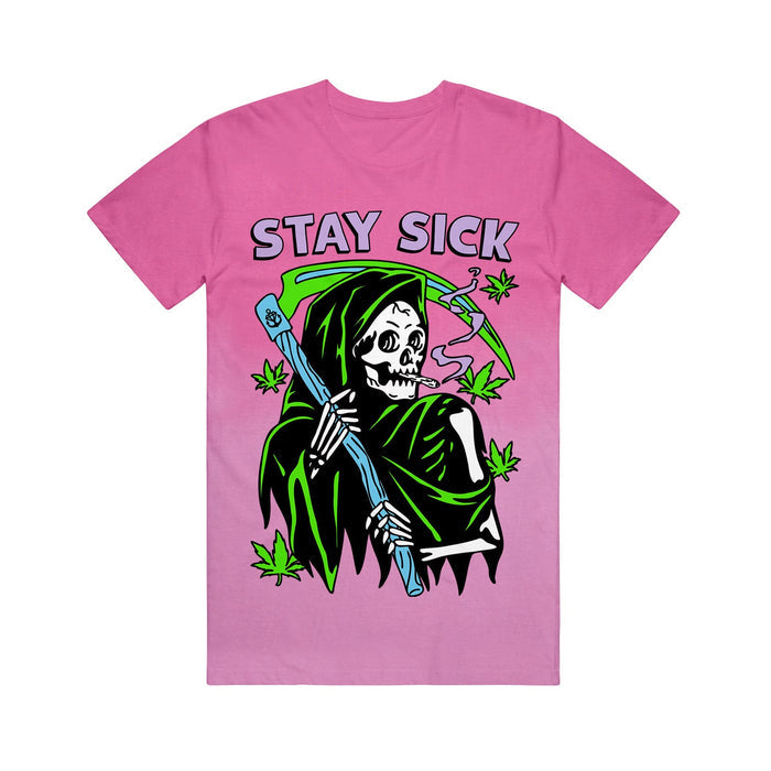 Stay Sick Clothing’s pink ombre T-shirt features a cartoon Grim Reefer with a scythe, green cannabis leaves, and “STAY SICK” in bold at the top.
