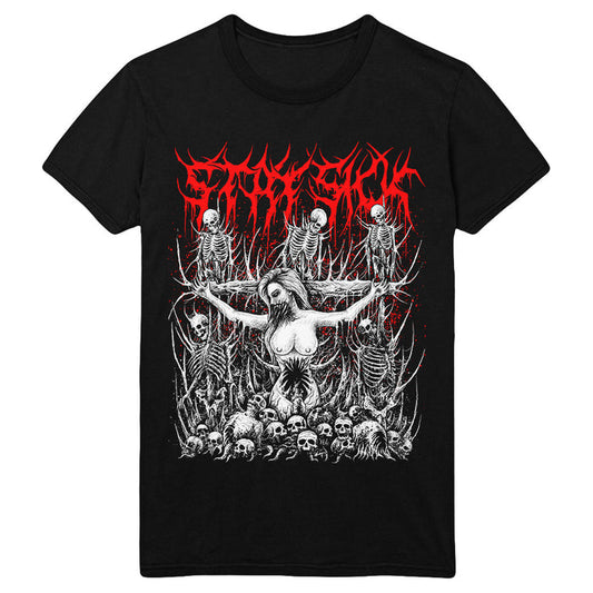 Stay Sick Clothing black T-shirt with a graphic of a woman with outstretched arms among skeletons and skulls, topped with bold red and white gothic Gutted text.