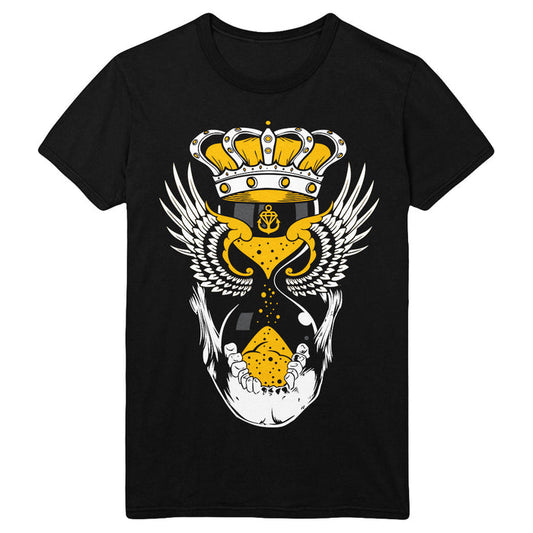 Stay Sick Clothing Black T-Shirt with a bold yellow crown, stylized heart with wings and anchor, white hands cupping the heart, all in striking white and yellow hues plus subtle hourglass details.