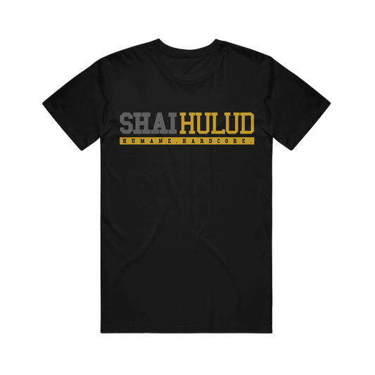 Black Comfort Colors t-shirt by Shai Hulud, with SHAI HULUD in bold gray and yellow across the chest and HUMANE HARDCORE in small yellow text inside a box below—a standout printed garment.