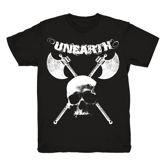 Unearth black Gildan heavy cotton t-shirt with a white skull, two crossed battle axes behind it, and UNEARTH in bold, distressed letters above the design.