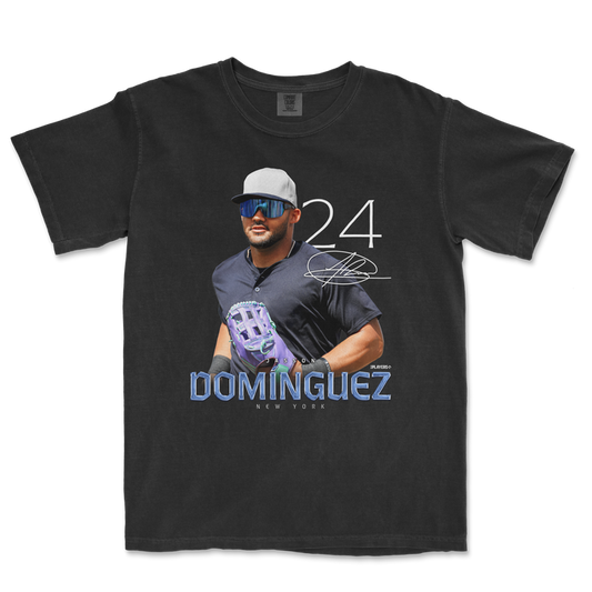 Jasson Dominguez Breakout Series t-shirt featuring a graphic of Dominguez in a New York uniform with his signature.