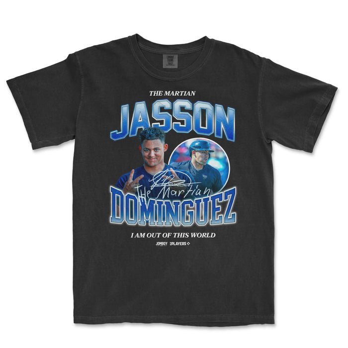Black Comfort Colors tee featuring Jasson Dominguez's signature, images, and text celebrating his baseball career.