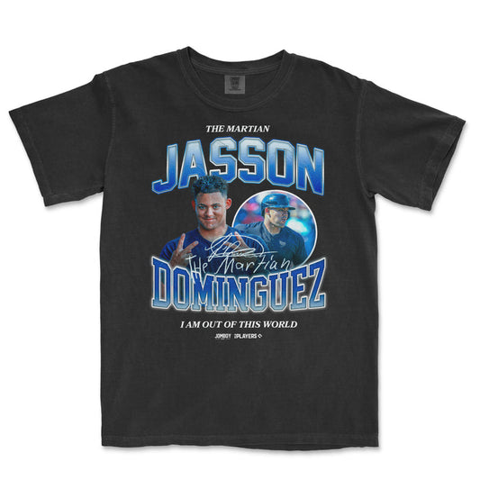 Black Comfort Colors tee featuring Jasson Dominguez's signature, images, and text celebrating his baseball career.