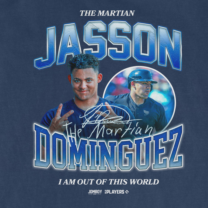 Comfort Colors tee featuring Jasson Dominguez's signature, images, and text celebrating his baseball career.