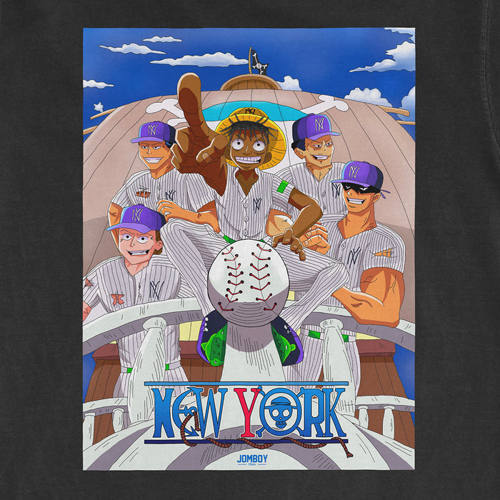 Anime-style illustration of a baseball team in striped uniforms and purple caps, with "New York" text and a skull logo.
