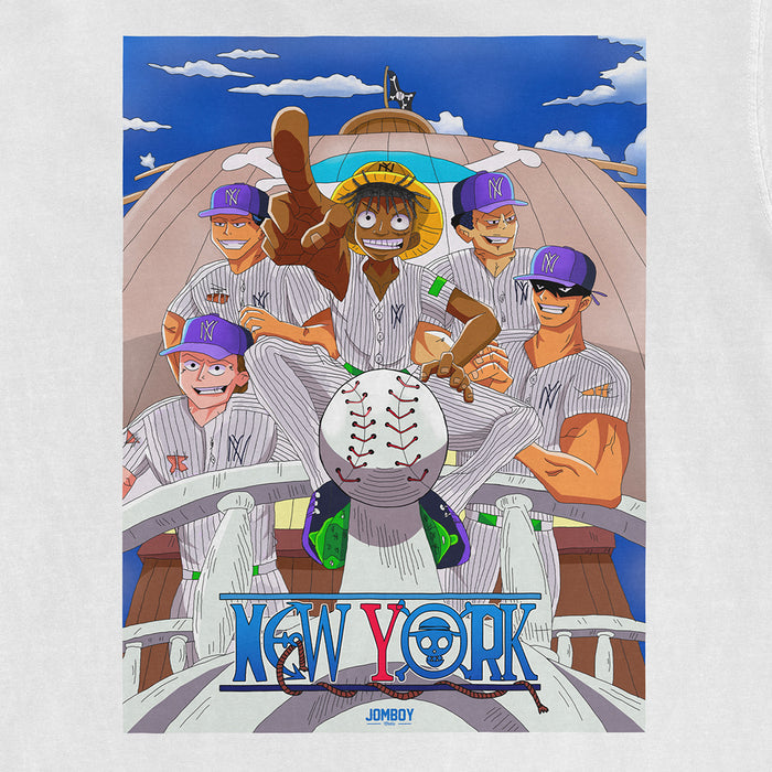 Colorful illustration of anime characters in baseball uniforms on a ship, with "New York" text and a baseball in the foreground.