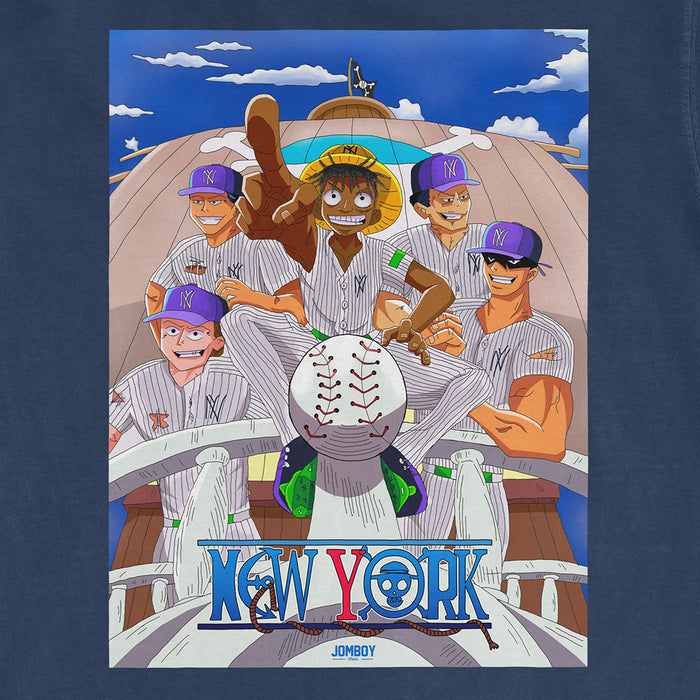 Anime-style illustration of baseball players in striped uniforms with "New York" text, featuring a baseball with a skull logo.
