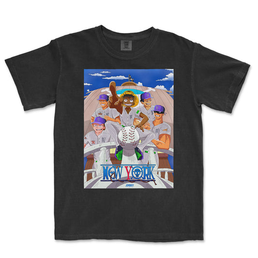 Comfort Colors tee featuring a colorful anime-style illustration of baseball players with "New York" text and a baseball theme.