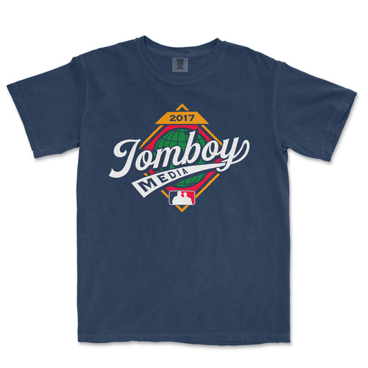 Blue Comfort Colors T-shirt featuring a 2017 Jamboy Media logo with a globe, geometric design, and MLB emblem.