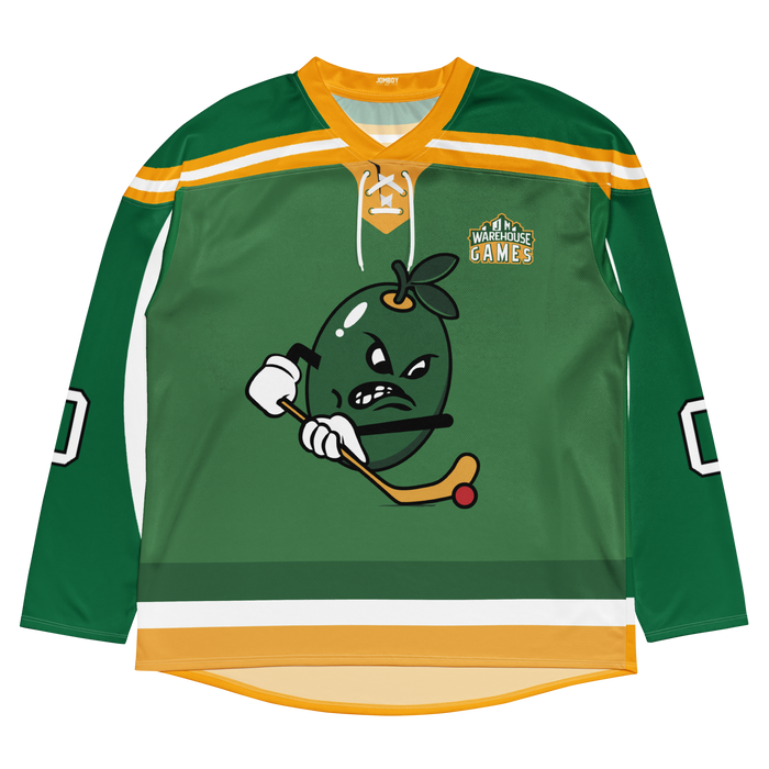 Green floorball jersey featuring a cartoon olive character with a hockey stick and the Warehouse Games logo.